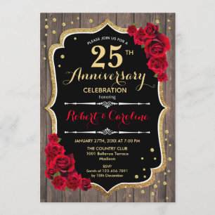 25th Anniversary Invitation - Wood Red Gold