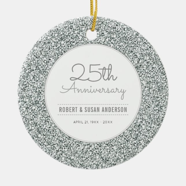 25th Anniversary Keepsake Faux Silver Glitter Ceramic Ornament (Front)