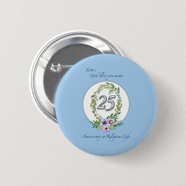 25th Anniversary of Catholic Nun Wreath and Silver 6 Cm Round Badge (Front & Back)