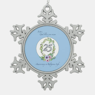 25th Anniversary of Catholic Nun Wreath and Silver Snowflake Pewter Christmas Ornament