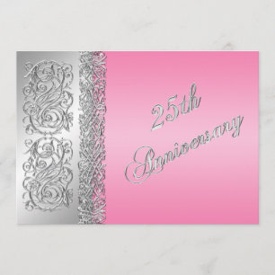 25th Anniversary Ornate Silver Scrolls with Pink Invitation