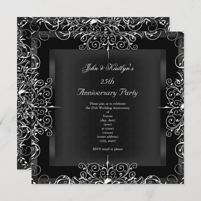 25th Anniversary Party Chalkboard Silver Floral Invitation (Front/Back)