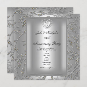 25th Anniversary Party Damask Silver Grey Invitation
