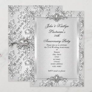 25th Anniversary Party Damask Silver White Small Invitation