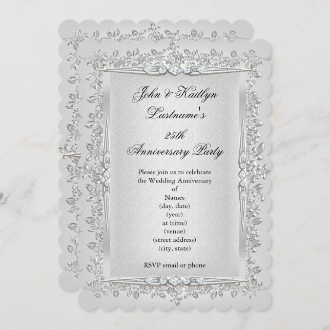 25th Anniversary Party Rose Damask Silver White 2 Invitation (Front/Back)