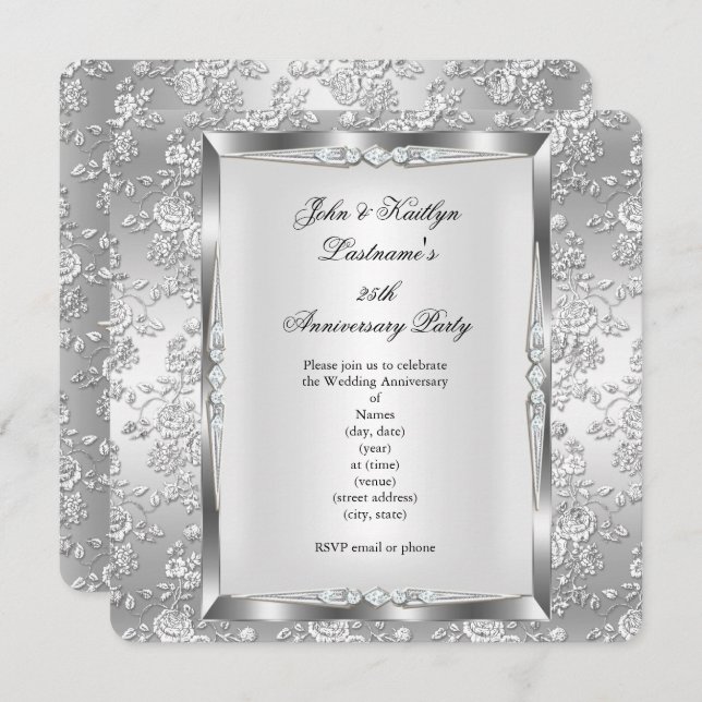 25th Anniversary Party Rose Damask Silver White 4 Invitation (Front/Back)
