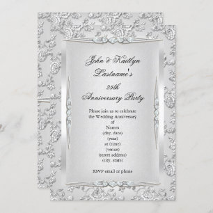 25th Anniversary Party Rose Damask Silver White Invitation