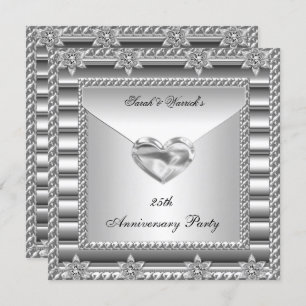 25th Anniversary Party Silver White Heart Jewel 3 Invitation