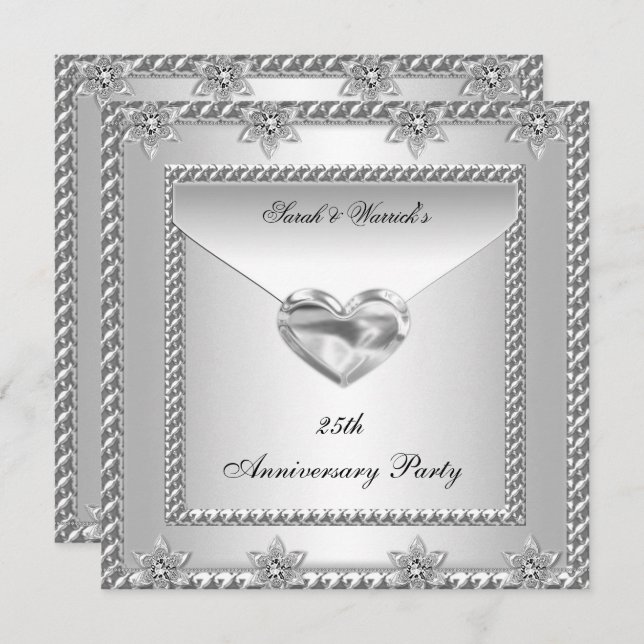 25th Anniversary Party Silver White Heart Jewel 4 Invitation (Front/Back)