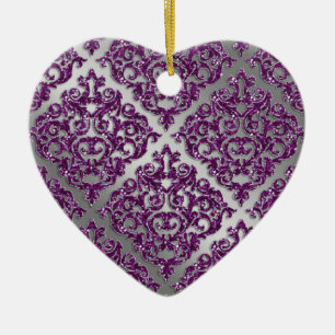 25th Anniversary Purple Sparkle Silver Damask Ceramic Ornament