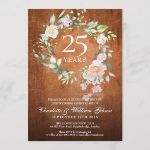 25th Anniversary Rustic Vintage Wood Roses Garland Invitation
