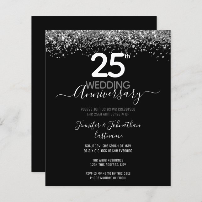 25th Anniversary Silver Glitter Budget Invitations (Front/Back)