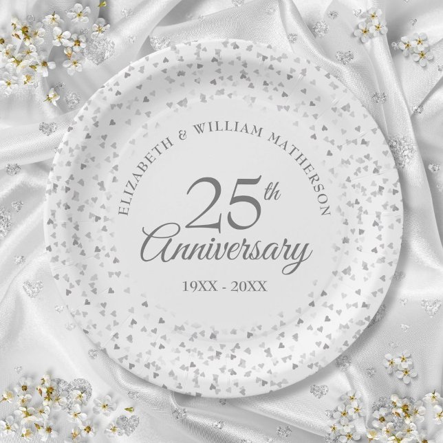 25th Anniversary Silver Love Hearts Confetti Paper Plate (25th Anniversary Silver Love Hearts Confetti Paper Plates)