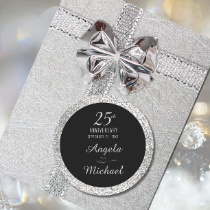 25th Anniversary Silver Sparkle Black Stylish Glam Classic Round Sticker