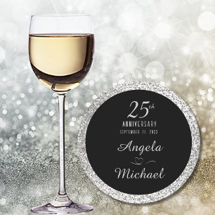 25th Anniversary Silver Sparkle Black Stylish Glam Round Paper Coaster