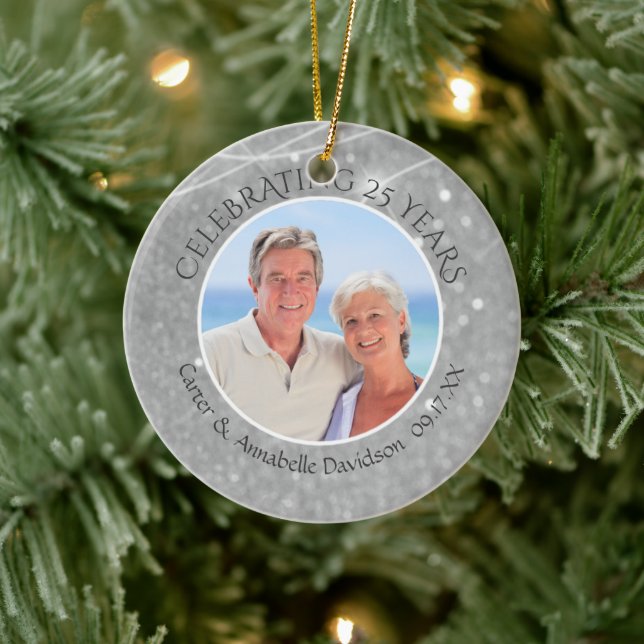 25th Anniversary | Silver Sparkle Two Photo Ceramic Ornament (Tree)