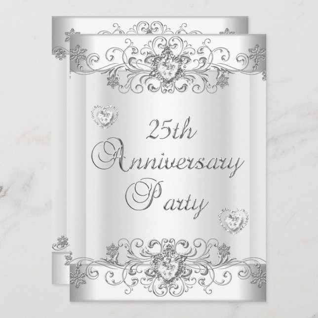 25th Anniversary Silver White Diamond Hearts Invitation (Front/Back)
