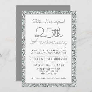 25th Anniversary Surprise   Faux Silver Glitter Invitation