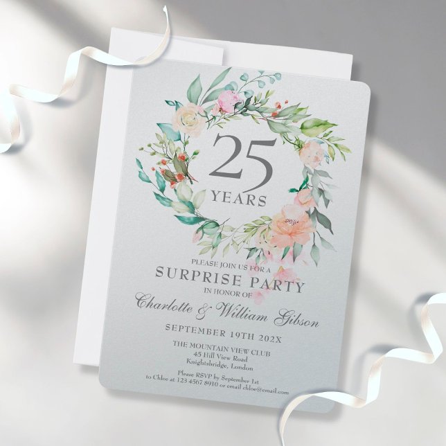 25th Anniversary Surprise Party Floral Metallic Invitation (Creator Uploaded)