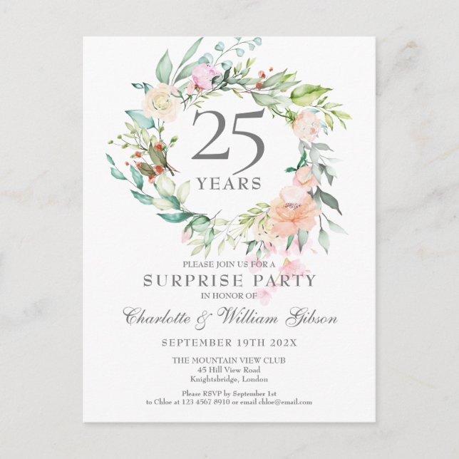 25th Anniversary Surprise Party Roses Garland Announcement Postcard (Front)