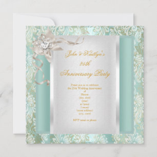 25th Anniversary Teal Damask Silver White 2 Invitation