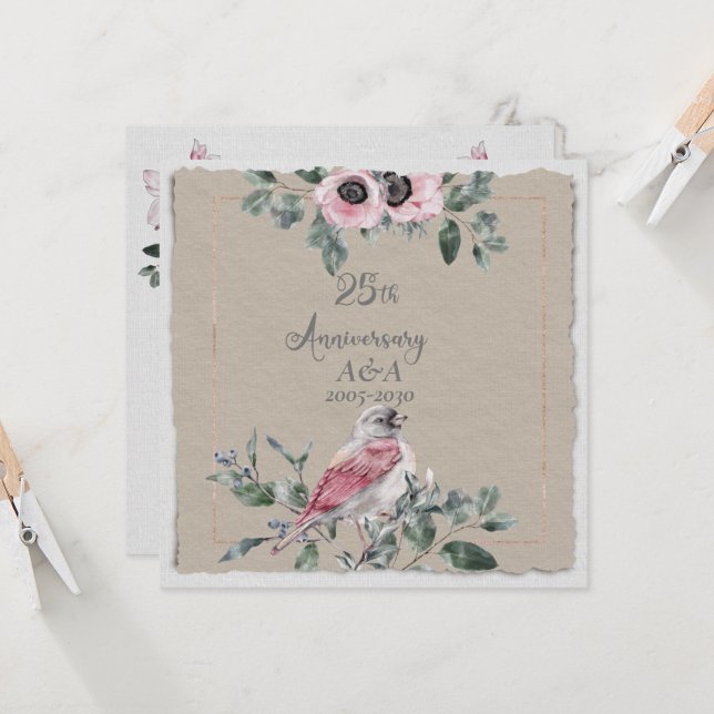 25th Anniversary Watercolor Pink Flowers and Birds Invitation (Front/Back In Situ)