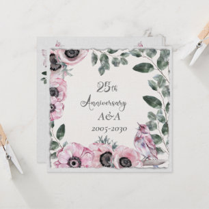 25th Anniversary Watercolor Pink Flowers and Birds Invitation