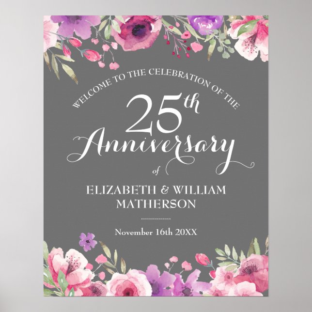 25th Anniversary Watercolour Roses Welcome Sign (Front)