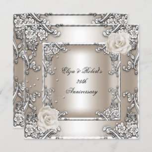 25th Anniversary Wedding Cream Rose Silver Party Invitation
