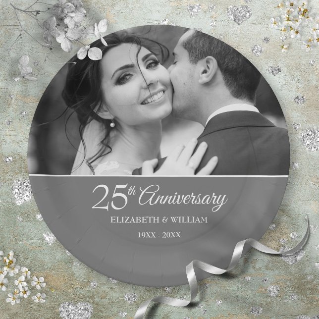 25th Anniversary Wedding Photo Chic Silver Paper Plate (25th Anniversary Wedding Photo Chic Silver Paper Plates)