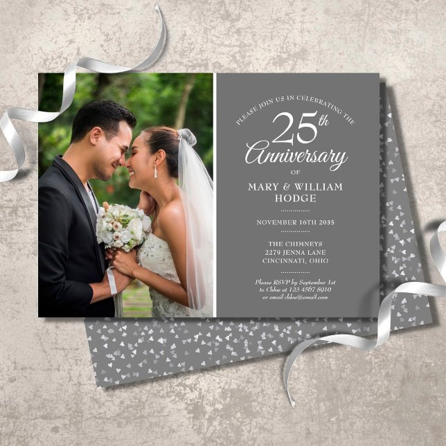 25th Anniversary Wedding Photo Silver Confetti Invitation (Creator Uploaded)