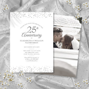 25th Anniversary Wedding Photo Silver Confetti Invitation