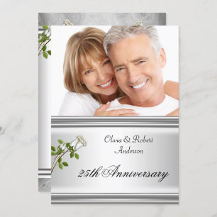 25th Anniversary Wedding Silver White Rose Invitation