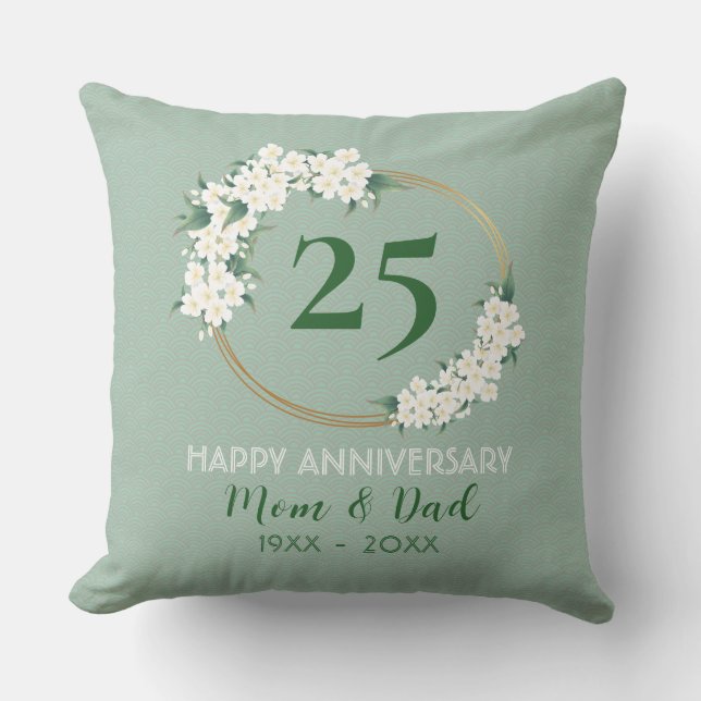 25th Anniversary White Green Floral Chinoiserie  Cushion (Front)