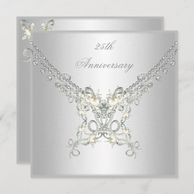 25th Anniversary White Silver Pearl Jewel 2 Invitation (Front/Back)