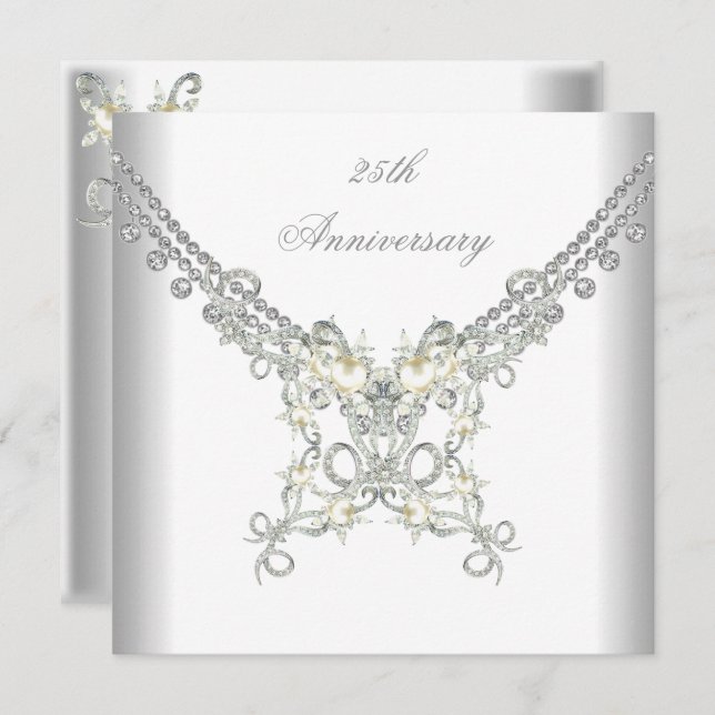 25th Anniversary White Silver Pearl Jewel Invitation (Front/Back)