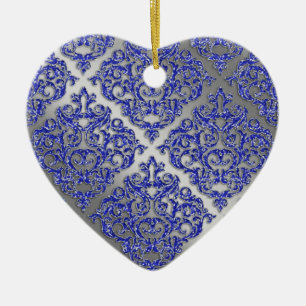 25th Anniversary Xmas Blue Sparkle Silver Damask Ceramic Ornament