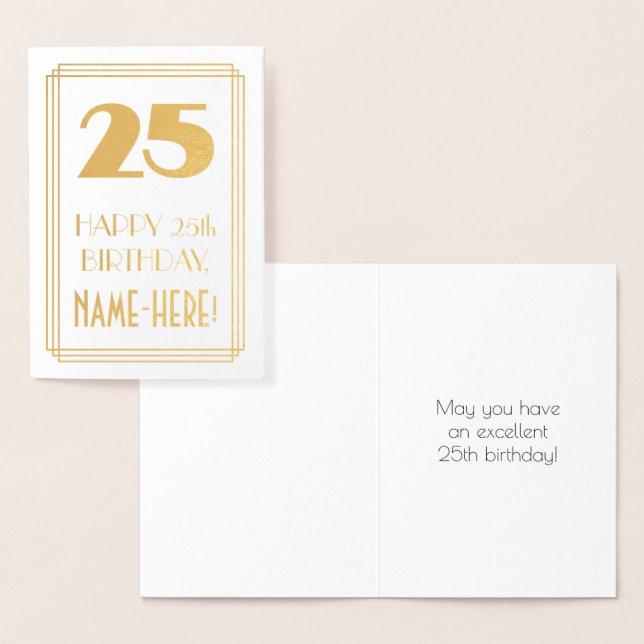 25th Birthday: Art Deco Inspired Look "25" & Name Foil Card (Display)