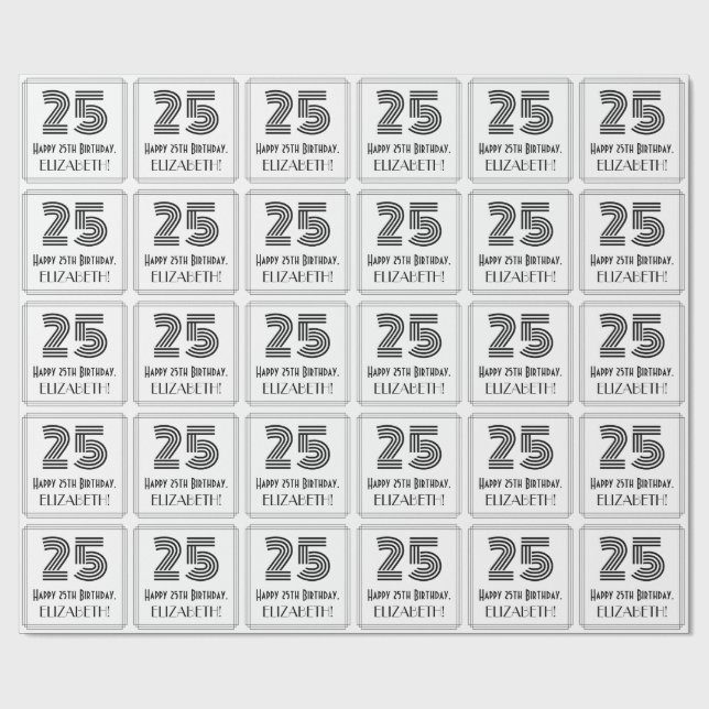 25th Birthday: Art Deco Inspired Style "25" + Name Wrapping Paper (Flat)