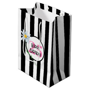 25th Birthday Black And White Stripes Medium Gift Bag