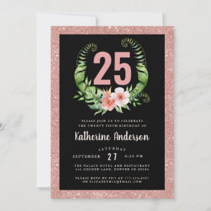 25th birthday black blush pink floral invitation