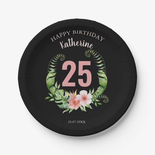 25th Birthday black Floral script name Paper Plate (Front)