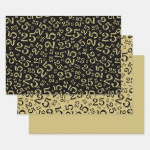 25th Birthday Black & Gold Number Pattern 25 Wrapping Paper Sheet