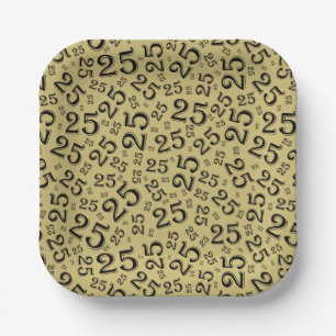 25th Birthday Black/Gold Random Number Pattern Paper Plate
