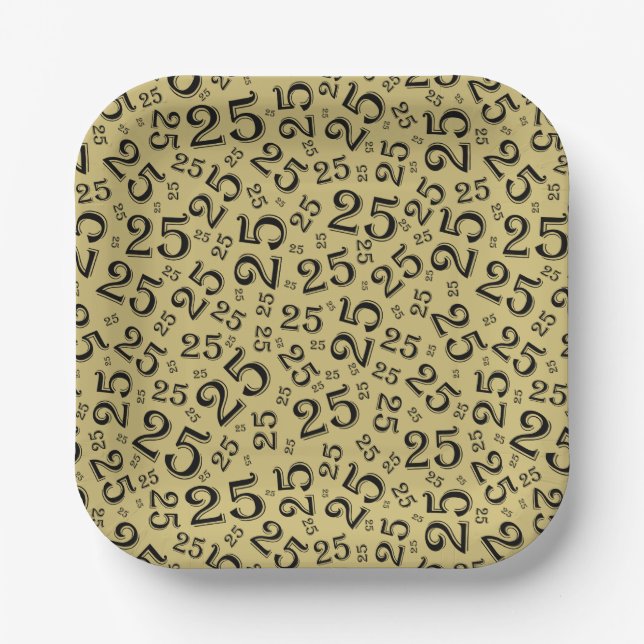 25th Birthday Black/Gold Random Number Pattern Paper Plate (Front)