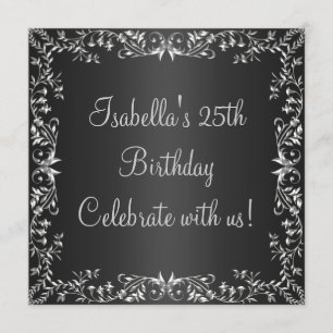 25th Birthday Black & Silver Floral Metal Invitation
