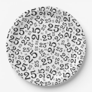 25th Birthday Black/White Random Number Pattern Paper Plate