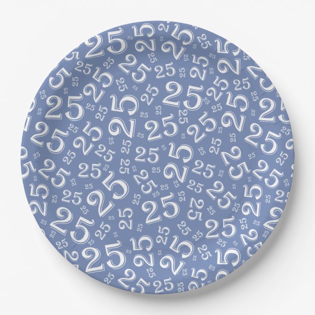 25th Birthday Blue/White Random Number Pattern Paper Plate (Front)