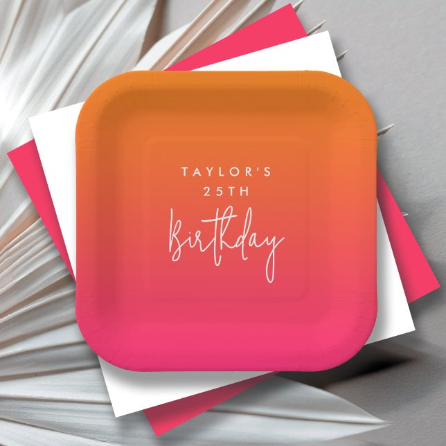 25th Birthday Bold Hot Pink and Orange Ombre Paper Plate (Creator Uploaded)