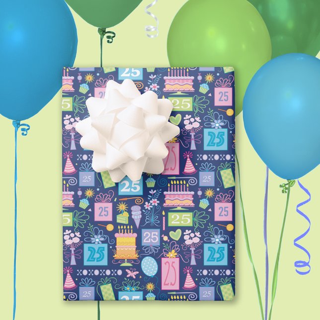 25th Birthday Cake Presents Balloons Blue Wrapping Paper Sheet (Creator Uploaded)